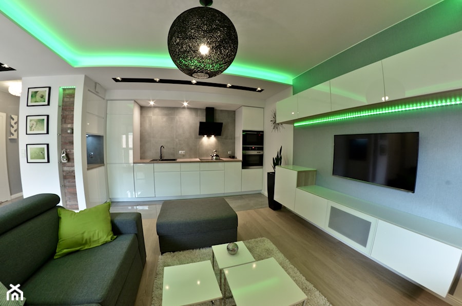 Mieszkanie - Browar Gdański - 50m2 - 2015 - Średni biały szary salon z kuchnią, styl nowoczesny - zdjęcie od Studio86
