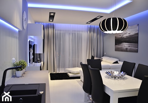 Mieszkanie Gdańsk - 48m2 - 2014 - Średni biały szary salon z kuchnią z jadalnią, styl nowoczesny - zdjęcie od Studio86
