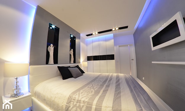 wąska sypialnia w stylu nowoczesnym