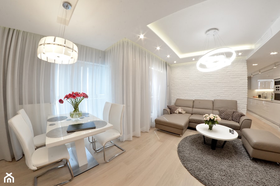 Mieszkanie - Albatross Towers Gdańsk - 74 m2 - 2016 - Średni duży biały salon z jadalnią, styl nowoczesny - zdjęcie od Studio86