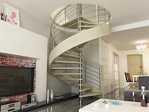 Projekt schodów w aranżacji mieszkalnej - Schody jednobiegowe kręcone drewniane metalowe, styl nowoczesny - zdjęcie od Maciej Kaczmarek