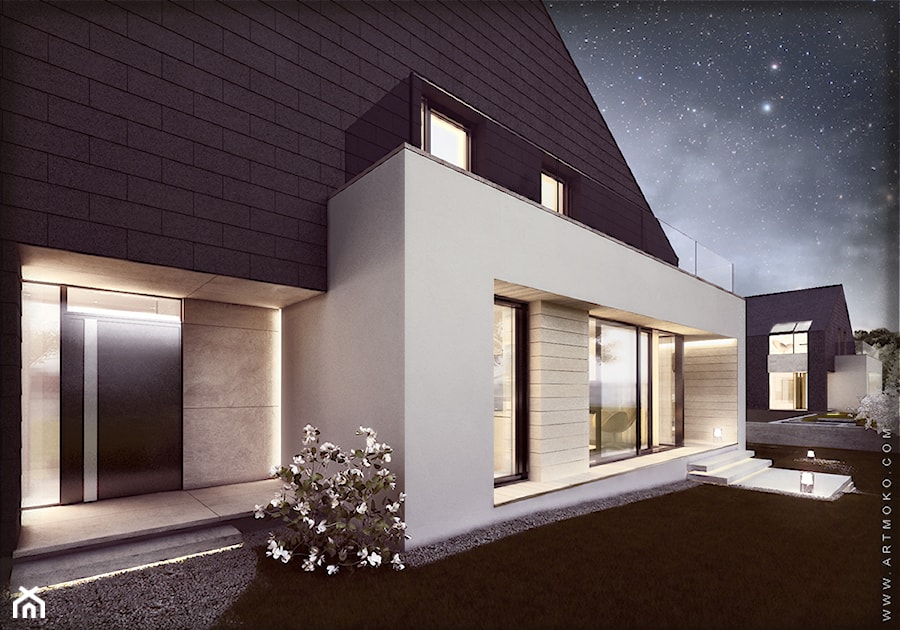 Średnie jednopiętrowe nowoczesne domy jednorodzinne murowane z dwuspadowym dachem, styl minimalistyczny - zdjęcie od artMOKO