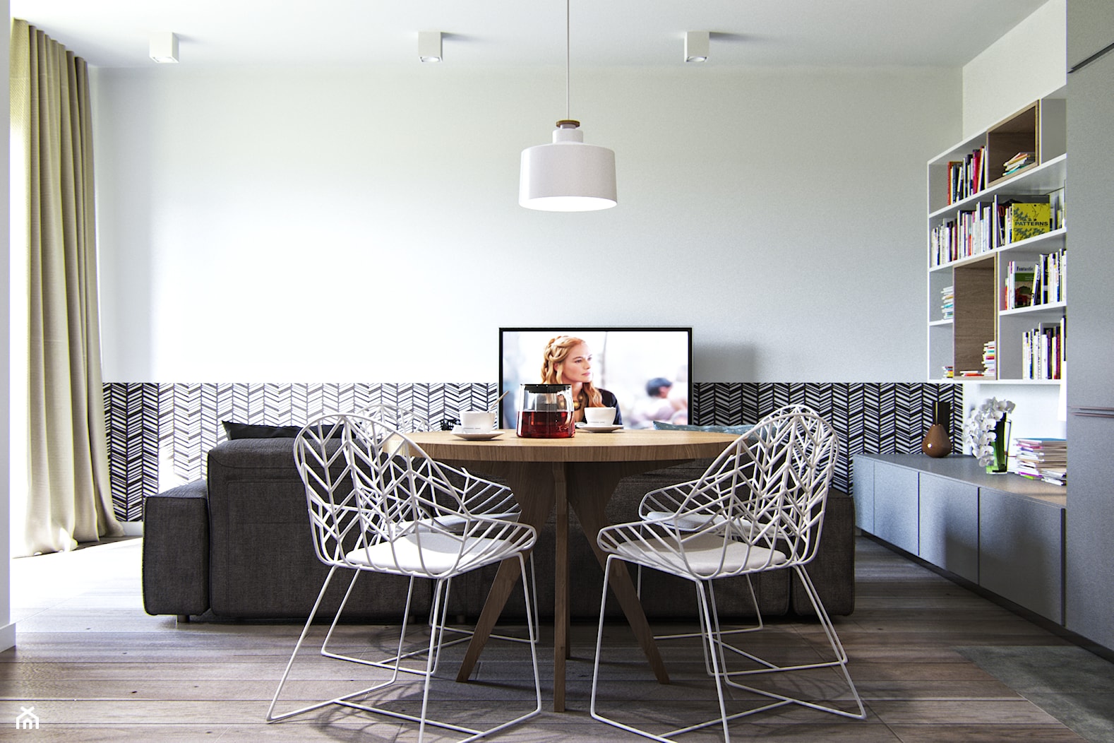Mieszkanie dla młodej pary (Żoliborz) - Średni biały salon z jadalnią, styl nowoczesny - zdjęcie od Projektownia Wnętrz - Homebook