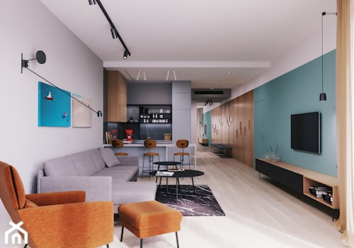 Spokojna przystań - Duży niebieski szary salon z kuchnią z jadalnią, styl nowoczesny - zdjęcie od Projektownia Wnętrz