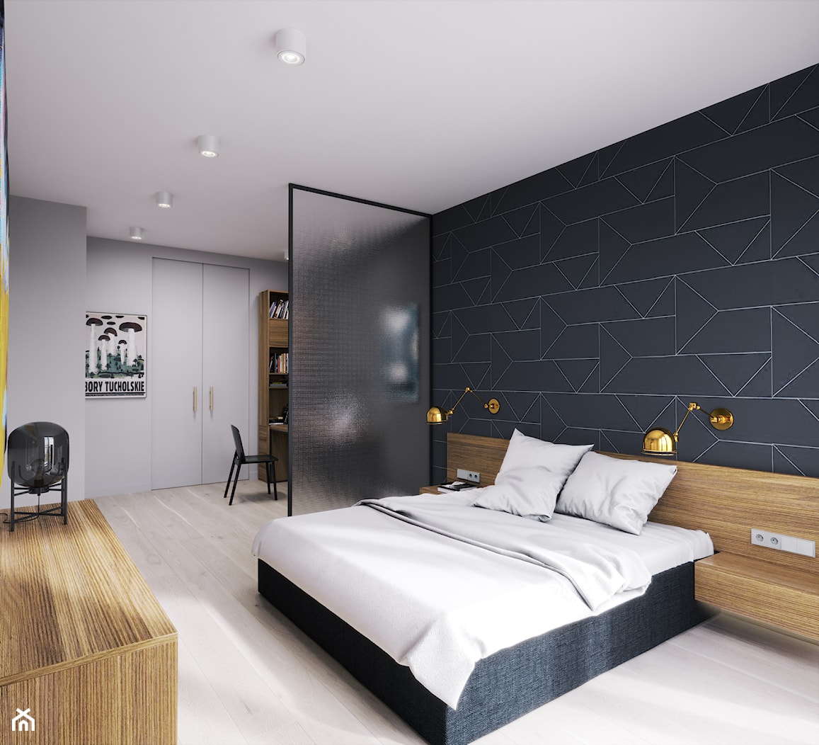 Spokojna przystań - Duża czarna szara z biurkiem sypialnia, styl industrialny - zdjęcie od Projektownia Wnętrz - Homebook