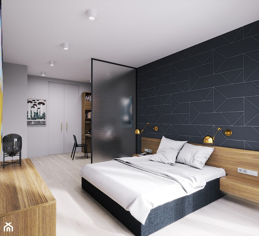 Spokojna przystań - Duża czarna szara z biurkiem sypialnia, styl industrialny - zdjęcie od Projektownia Wnętrz