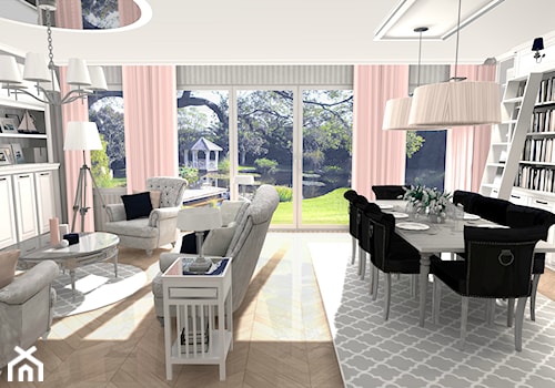 AMERICAN DREAM - Średni biały salon z jadalnią z bibiloteczką, styl glamour - zdjęcie od Formacja Projekt