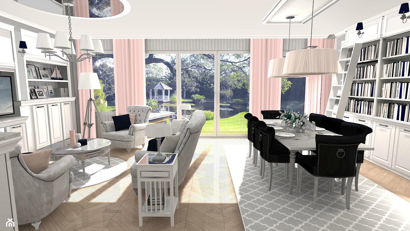 AMERICAN DREAM - Średni biały salon z jadalnią z bibiloteczką, styl glamour - zdjęcie od Formacja Projekt - Homebook