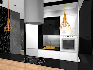 SOFT LOFT - Mała otwarta z kamiennym blatem czarna szara z zabudowaną lodówką z nablatowym zlewozmywakiem kuchnia w kształcie litery u z oknem, styl minimalistyczny - zdjęcie od Formacja Projekt