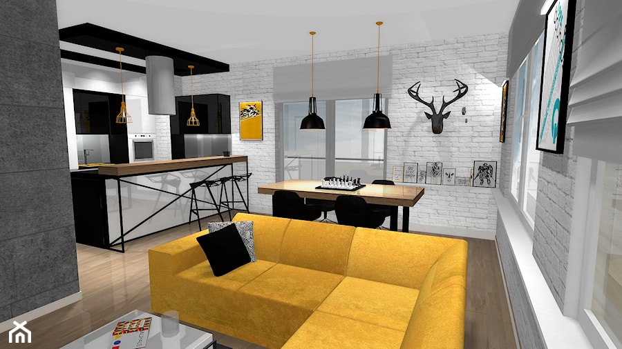SOFT LOFT - Mały szary salon z kuchnią z jadalnią, styl skandynawski - zdjęcie od Formacja Projekt