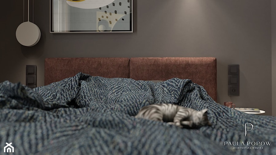 szara sypialnia, łóżko tapicerowane - zdjęcie od Paula Popow projektowanie wnętrz