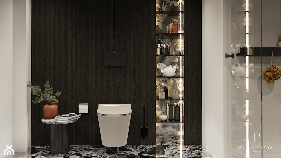 Paula Popow beżowa łazienka ciemne drewno czarny marmur projekt wnętrz trójmiasto - zdjęcie od Paula Popow projektowanie wnętrz