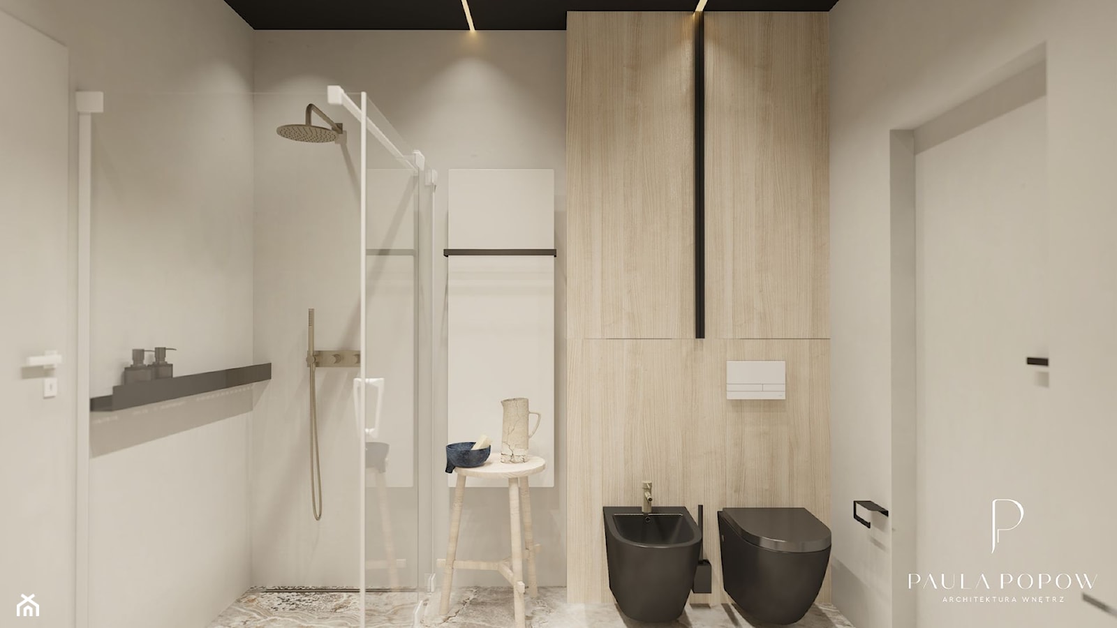 kremowa łazienka japandi, jasne drewno, czarne dodatki, złoto matowe, mikrocement, mikrobeton - zdjęcie od Paula Popow projektowanie wnętrz - Homebook