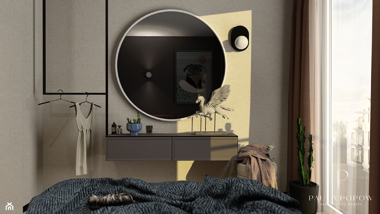 podwieszana komoda, okrągłe lustro, wieszak na ubrania, kinkiet - zdjęcie od Paula Popow projektowanie wnętrz - Homebook