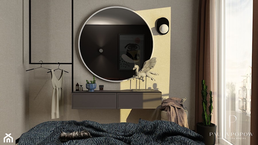 podwieszana komoda, okrągłe lustro, wieszak na ubrania, kinkiet - zdjęcie od Paula Popow projektowanie wnętrz