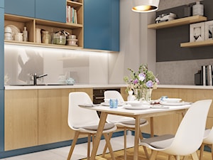 Mieszkanie w kolorze BLUE - Średnia otwarta biała czarna szara z zabudowaną lodówką z nablatowym zlewozmywakiem kuchnia w kształcie litery l, styl nowoczesny - zdjęcie od Pracownia Wnętrza