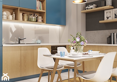 Mieszkanie w kolorze BLUE - Średnia otwarta biała czarna szara z zabudowaną lodówką z nablatowym zlewozmywakiem kuchnia w kształcie litery l, styl nowoczesny - zdjęcie od Pracownia Wnętrza