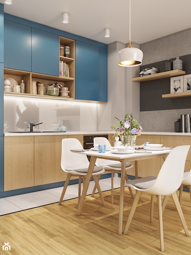 Mieszkanie w kolorze BLUE - Średnia otwarta biała czarna szara z zabudowaną lodówką z nablatowym zlewozmywakiem kuchnia w kształcie litery l, styl nowoczesny - zdjęcie od Pracownia Wnętrza - Homebook