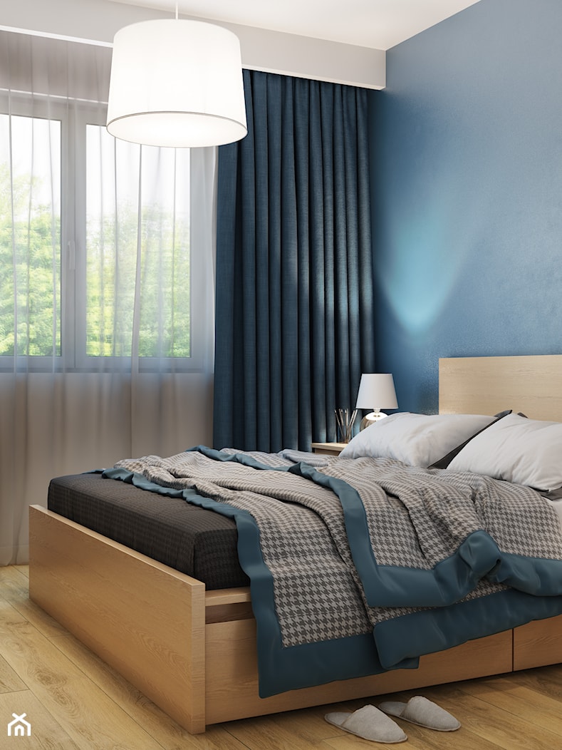 Mieszkanie w kolorze BLUE - Mała biała niebieska sypialnia, styl nowoczesny - zdjęcie od Pracownia Wnętrza - Homebook