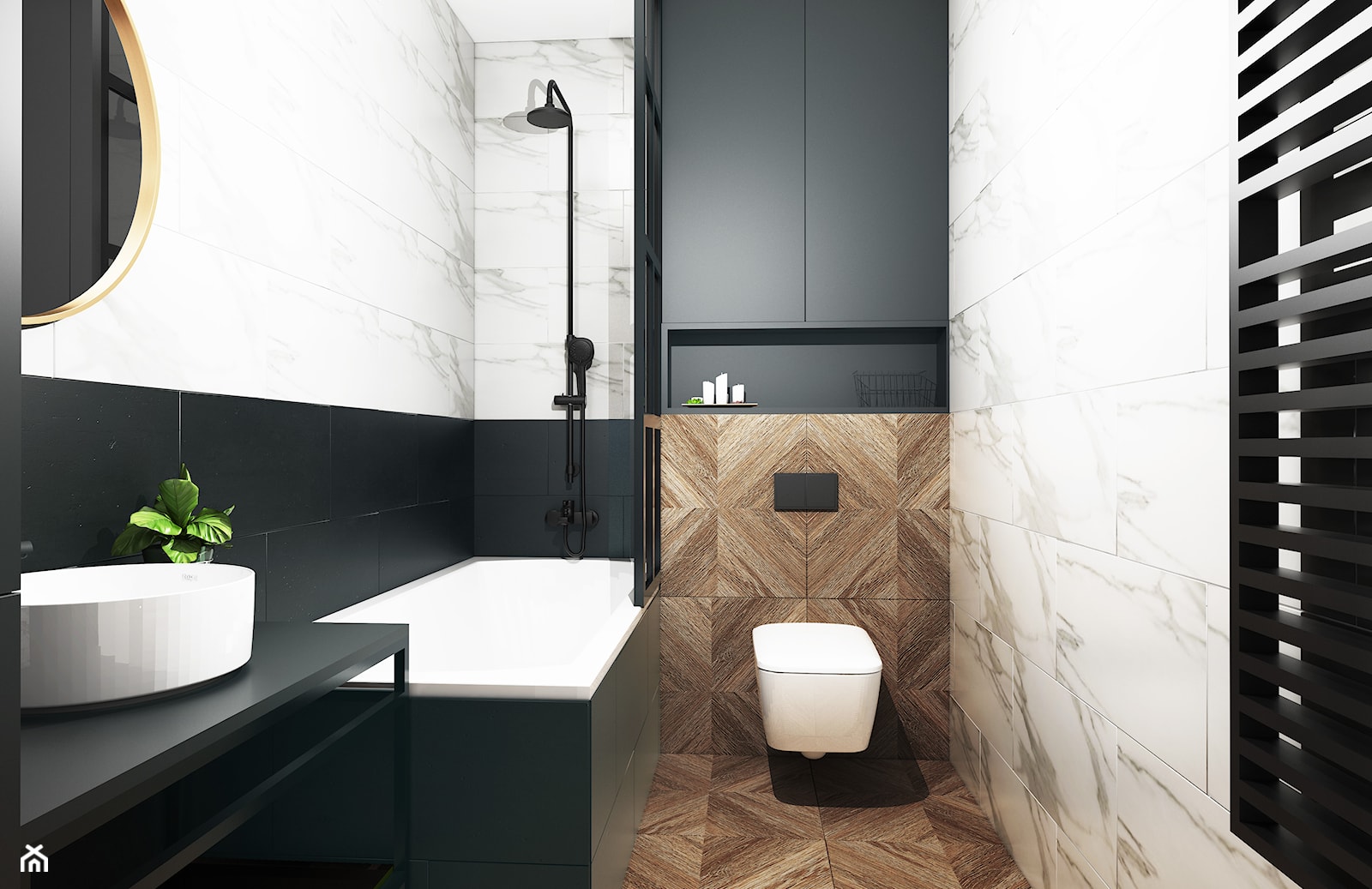 Drewno, biel i czerń - Średnia bez okna łazienka - zdjęcie od Nubo Interior - Homebook
