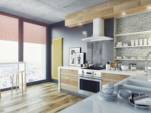 Wnętrza & Zehnder - Duża otwarta biała szara z podblatowym zlewozmywakiem kuchnia w kształcie litery l z kompozytem na ścianie nad blatem kuchennym, styl nowoczesny - zdjęcie od MOOKAJ