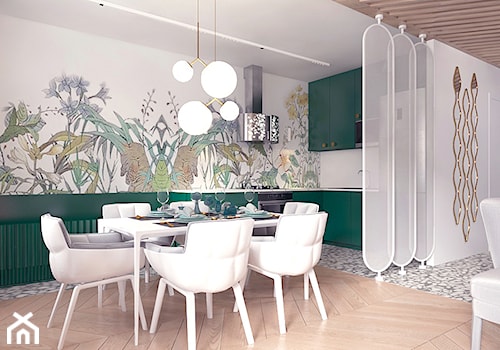Projekt 11 - Średnia otwarta z salonem z kamiennym blatem szara z zabudowaną lodówką kuchnia w kształcie litery l, styl nowoczesny - zdjęcie od Pracownia projektowania wnęrz Loci