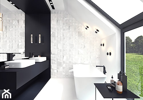 projekt 1 - Średnia na poddaszu z lustrem z dwoma umywalkami z marmurową podłogą z punktowym oświetleniem łazienka z oknem, styl nowoczesny - zdjęcie od Pracownia projektowania wnęrz Loci