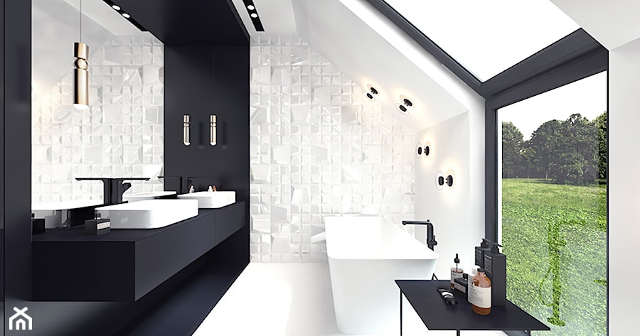 projekt 1 - Średnia na poddaszu z lustrem z dwoma umywalkami z marmurową podłogą z punktowym oświetleniem łazienka z oknem, styl nowoczesny - zdjęcie od Pracownia projektowania wnęrz Loci