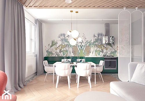 Projekt 11 - Średnia otwarta z salonem z kamiennym blatem biała z zabudowaną lodówką kuchnia jednorzędowa z oknem, styl nowoczesny - zdjęcie od Pracownia projektowania wnęrz Loci
