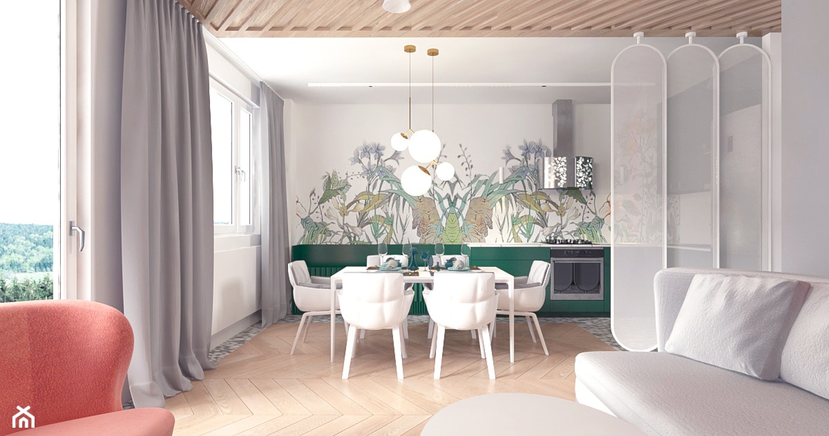 Projekt 11 - Średnia otwarta z salonem z kamiennym blatem biała z zabudowaną lodówką kuchnia jednorzędowa z oknem, styl nowoczesny - zdjęcie od Pracownia projektowania wnęrz Loci - Homebook
