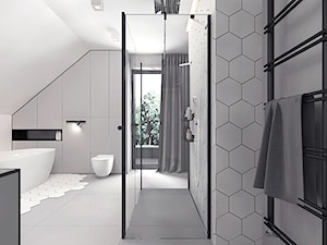 Projekt 13 - Duża na poddaszu z punktowym oświetleniem łazienka z oknem, styl nowoczesny - zdjęcie od Pracownia projektowania wnęrz Loci