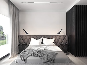 projekt 1 - Średnia biała z panelami tapicerowanymi sypialnia z balkonem / tarasem, styl nowoczesny - zdjęcie od Pracownia projektowania wnęrz Loci
