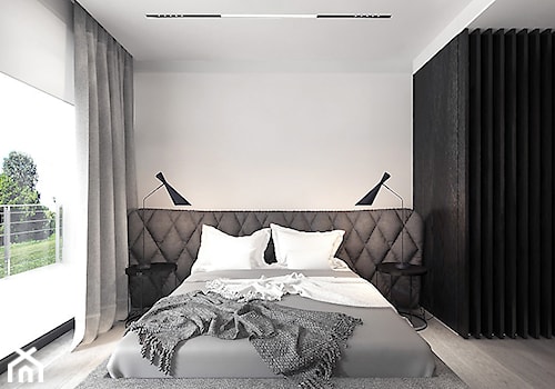projekt 1 - Średnia biała z panelami tapicerowanymi sypialnia z balkonem / tarasem, styl nowoczesny - zdjęcie od Pracownia projektowania wnęrz Loci
