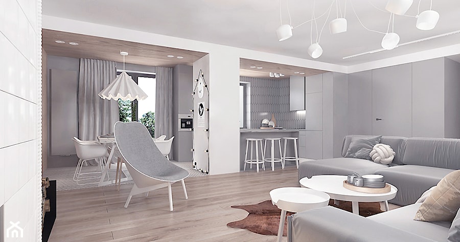 Projekt 12 - Średni biały szary salon z kuchnią z jadalnią, styl skandynawski - zdjęcie od Pracownia projektowania wnęrz Loci