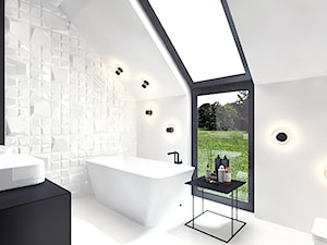 projekt 1 - Średnia na poddaszu z dwoma umywalkami z marmurową podłogą łazienka z oknem, styl nowoczesny - zdjęcie od Pracownia projektowania wnęrz Loci