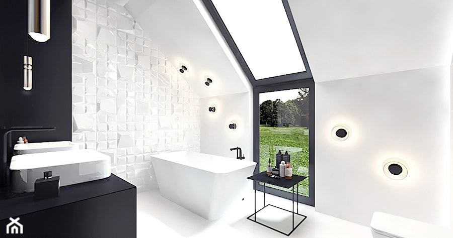 projekt 1 - Średnia na poddaszu z dwoma umywalkami z marmurową podłogą łazienka z oknem, styl nowoczesny - zdjęcie od Pracownia projektowania wnęrz Loci