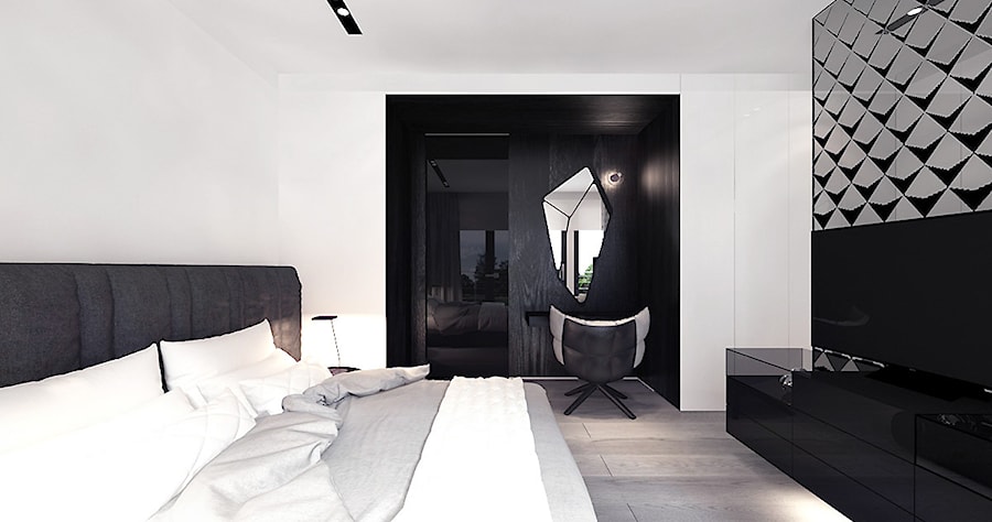 projekt 1 - Średnia czarna szara z biurkiem sypialnia, styl nowoczesny - zdjęcie od Pracownia projektowania wnęrz Loci