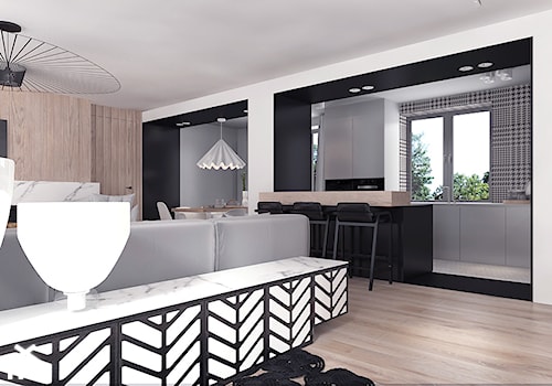 Projekt 12 - Duży biały czarny salon z kuchnią z jadalnią, styl nowoczesny - zdjęcie od Pracownia projektowania wnęrz Loci