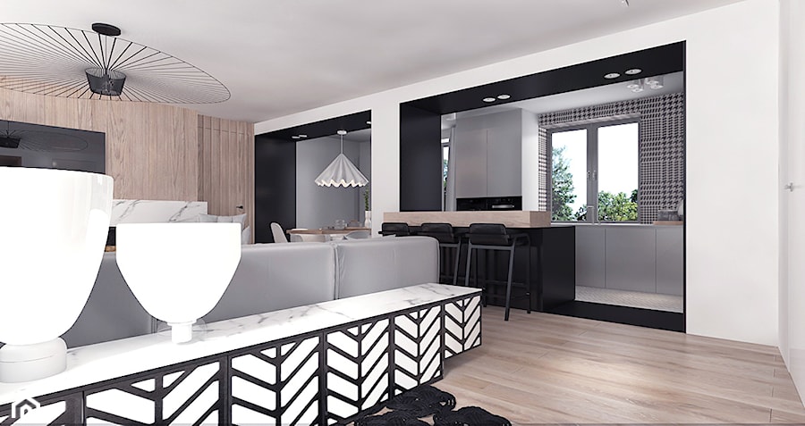 Projekt 12 - Duży biały czarny salon z kuchnią z jadalnią, styl nowoczesny - zdjęcie od Pracownia projektowania wnęrz Loci