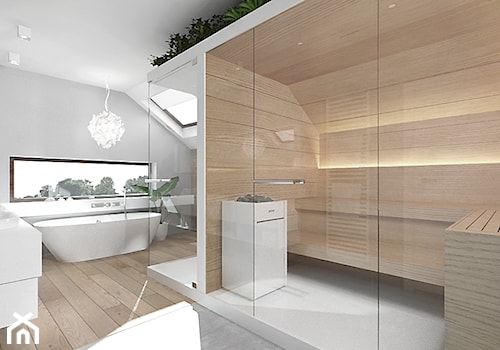 projekt 6 - Duża na poddaszu z dwoma umywalkami z punktowym oświetleniem łazienka z oknem, styl nowoczesny - zdjęcie od Pracownia projektowania wnęrz Loci