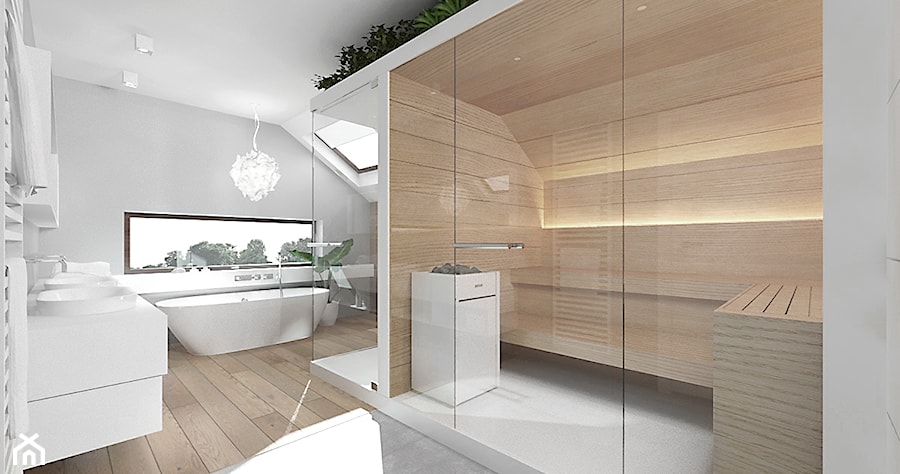 projekt 6 - Duża na poddaszu z dwoma umywalkami z punktowym oświetleniem łazienka z oknem, styl nowoczesny - zdjęcie od Pracownia projektowania wnęrz Loci