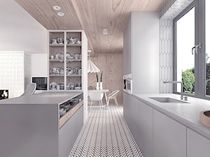 Projekt 12 - Duża otwarta z salonem z kamiennym blatem z zabudowaną lodówką z podblatowym zlewozmywakiem kuchnia dwurzędowa z wyspą lub półwyspem z oknem, styl skandynawski - zdjęcie od Pracownia projektowania wnęrz Loci