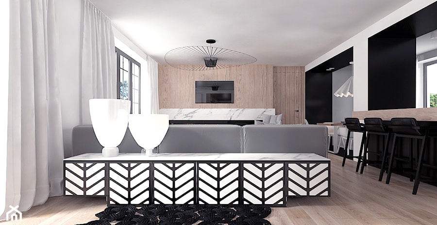 Projekt 12 - Duży biały czarny salon z jadalnią, styl nowoczesny - zdjęcie od Pracownia projektowania wnęrz Loci