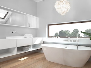 projekt 6 - Mała na poddaszu z lustrem z dwoma umywalkami łazienka z oknem, styl nowoczesny - zdjęcie od Pracownia projektowania wnęrz Loci
