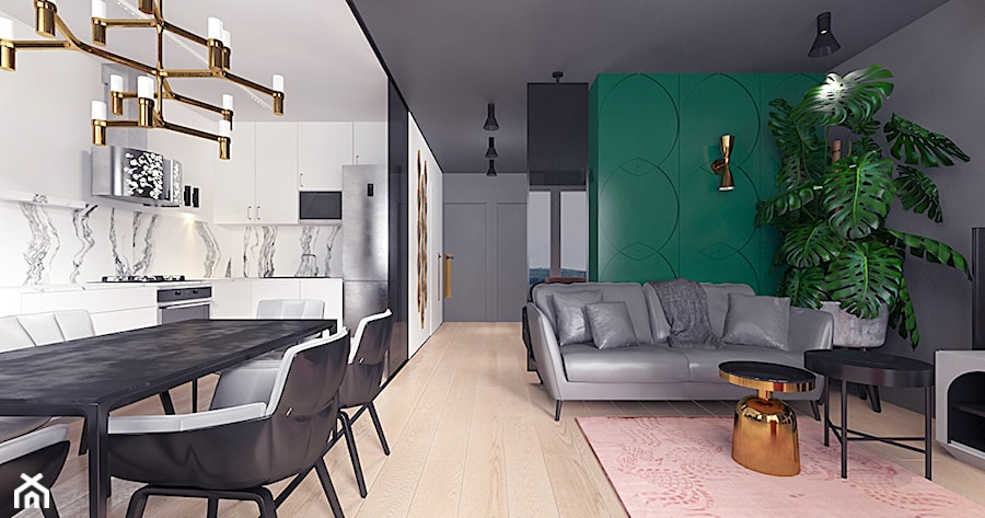 projekt 10 - Średni biały szary zielony salon z kuchnią z jadalnią, styl nowoczesny - zdjęcie od Pracownia projektowania wnęrz Loci
