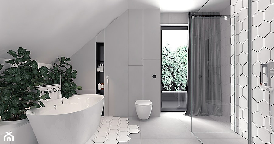 Projekt 13 - Duża na poddaszu łazienka z oknem, styl nowoczesny - zdjęcie od Pracownia projektowania wnęrz Loci
