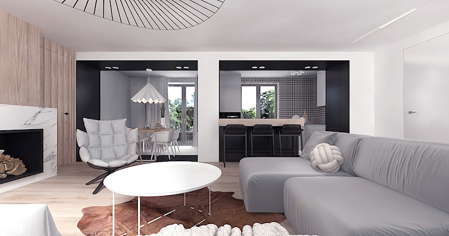 Projekt 12 - Średni biały czarny salon z kuchnią z jadalnią, styl nowoczesny - zdjęcie od Pracownia projektowania wnęrz Loci