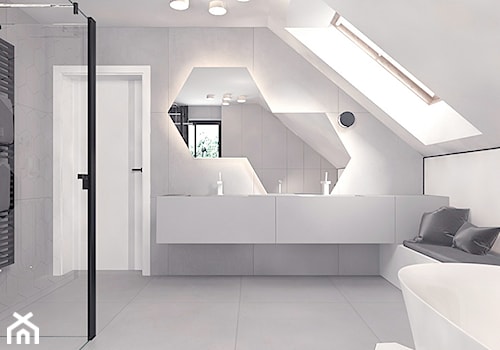 Projekt 13 - Średnia na poddaszu z lustrem z dwoma umywalkami z punktowym oświetleniem łazienka z oknem, styl minimalistyczny - zdjęcie od Pracownia projektowania wnęrz Loci