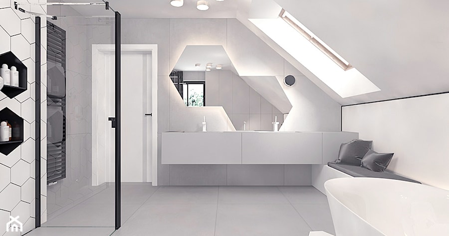 Projekt 13 - Średnia na poddaszu z lustrem z dwoma umywalkami z punktowym oświetleniem łazienka z oknem, styl minimalistyczny - zdjęcie od Pracownia projektowania wnęrz Loci
