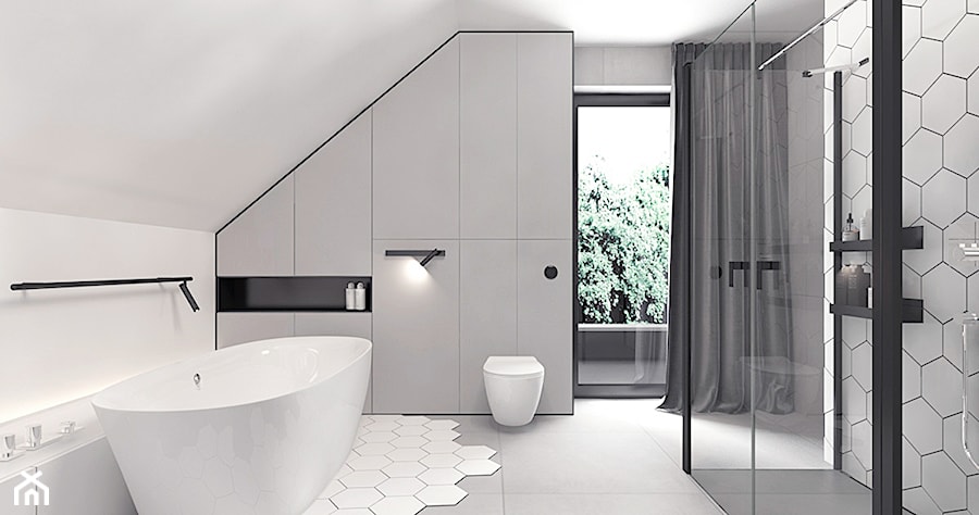 Projekt 13 - Duża na poddaszu łazienka z oknem, styl minimalistyczny - zdjęcie od Pracownia projektowania wnęrz Loci